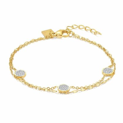 Bracelets | Bracelet en Acier Poli Couleur Or, Chaîne Double, 3 Ronds Avec Cristaux Blanc – Femmes Bijoux Blanc