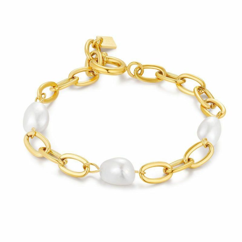 Bracelets | Bracelet en Acier Poli Couleur Or, Maillons Ovales, 3 Perles D’Eau Douce Blanc – Femmes Bijoux Blanc