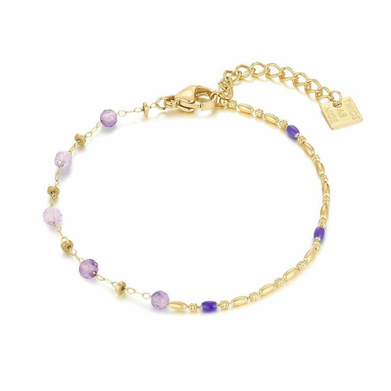 Bracelets | Bracelet en Acier Poli Couleur Or, Pierres Mauves, Petits Ovales Mauve – Femmes Bijoux Bracelets