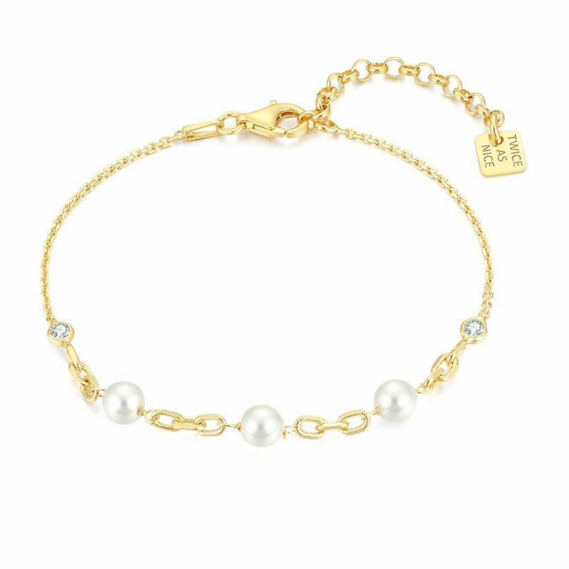 Bracelets | Bracelet en Argent Plaqué Or 18Ct, Perles et Zircons Blanc – Femmes Bijoux Blanc